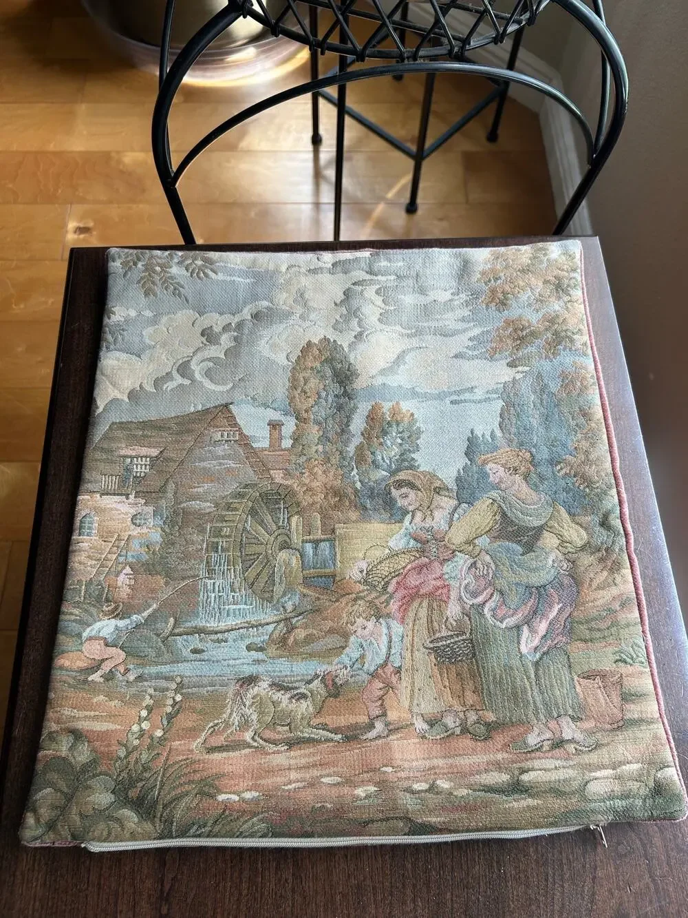 Woven jacquard tapestry pillow cover 18th-century scene Washing Day at the Mill